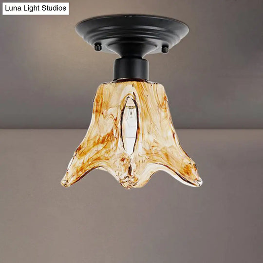 Black Flower Shaped Flush Mount Lamp With Classic Tan Textured Glass For Living Room Ceiling