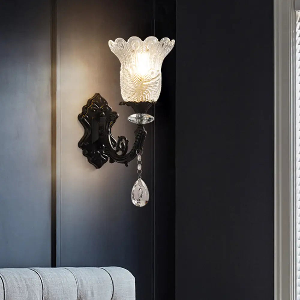 Black Flower Wall Lamp With Clear Crystal Glass Shade & Minimalist Design 1 /