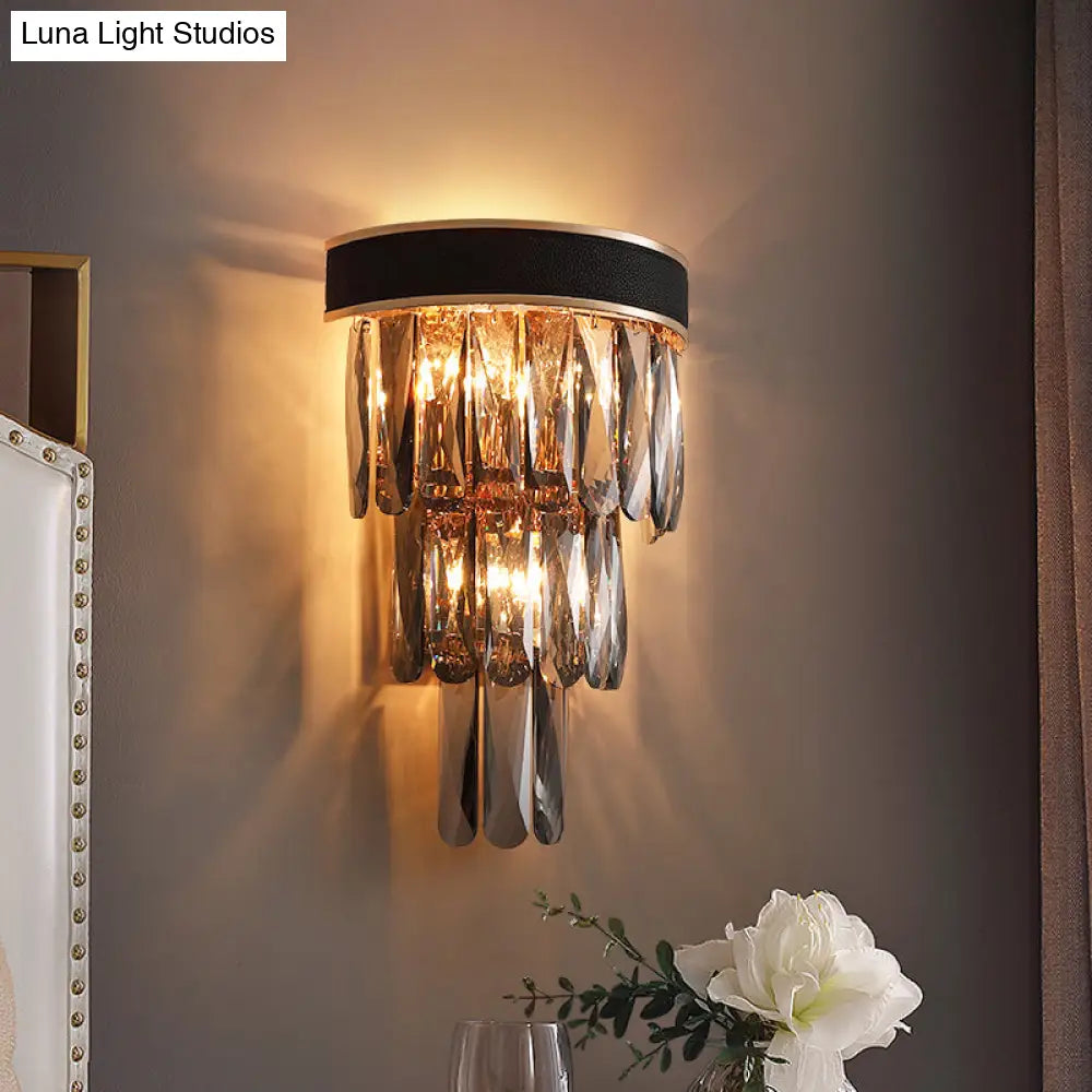 Black Flush Mount 3-Bulb Sconce With Crystal Shade - Minimalist 3-Tier Wall Lighting