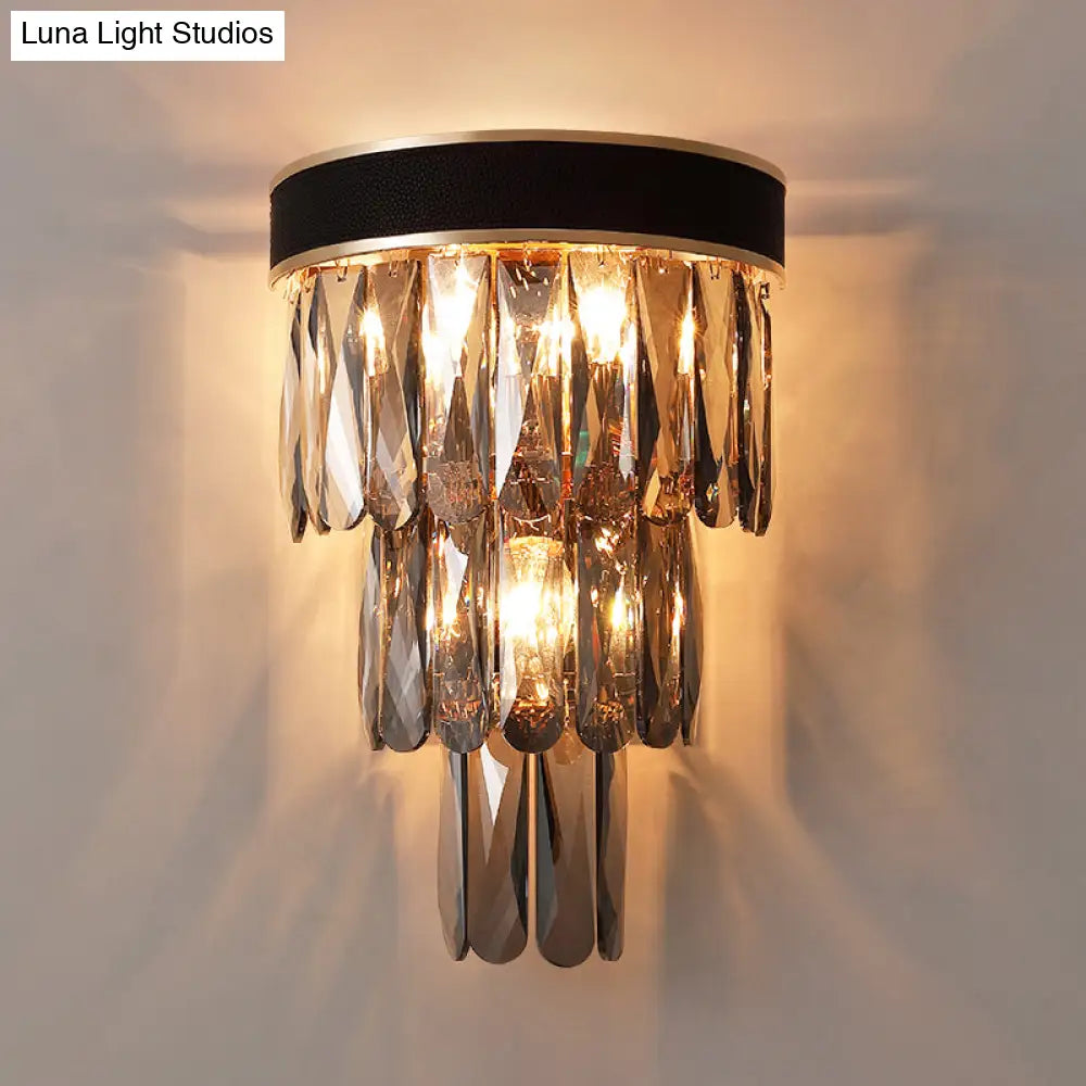 Black Flush Mount 3-Bulb Sconce With Crystal Shade - Minimalist 3-Tier Wall Lighting