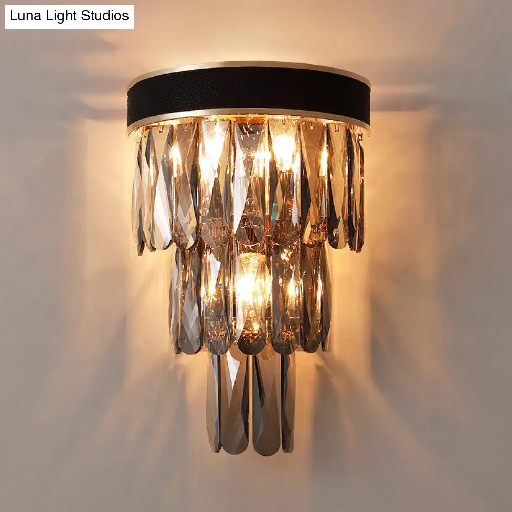 Black Flush Mount 3-Bulb Sconce With Crystal Shade - Minimalist 3-Tier Wall Lighting