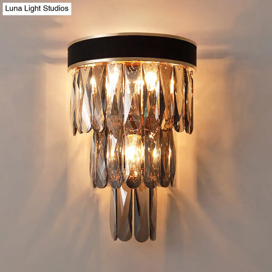 Black Flush Mount 3-Bulb Sconce With Crystal Shade - Minimalist 3-Tier Wall Lighting