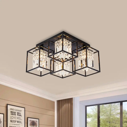 Black Flush Mount Ceiling Lamp With Frame - Modernist Cuboid Shade Semi Lighting (4 Lights)