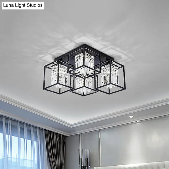 Black Flush Mount Ceiling Lamp With Frame - Modernist Cuboid Shade Semi Lighting (4 Lights)