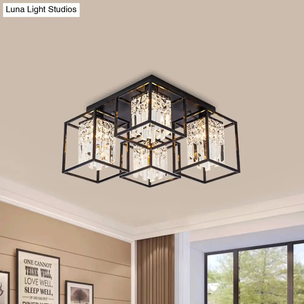 Black Flush Mount Ceiling Lamp With Frame - Modernist Cuboid Shade Semi Lighting (4 Lights)