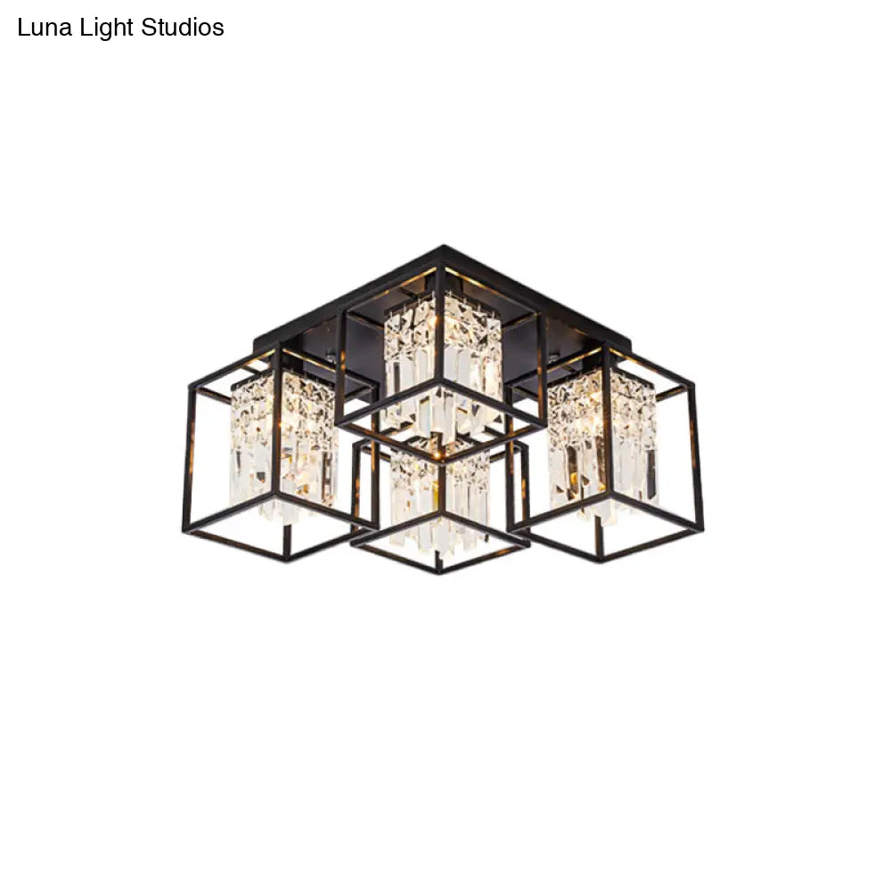 Black Flush Mount Ceiling Lamp With Frame - Modernist Cuboid Shade Semi Lighting (4 Lights)