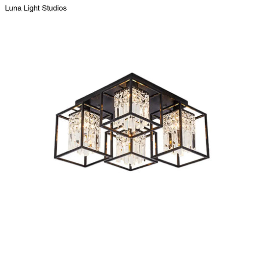 Black Flush Mount Ceiling Lamp With Frame - Modernist Cuboid Shade Semi Lighting (4 Lights)