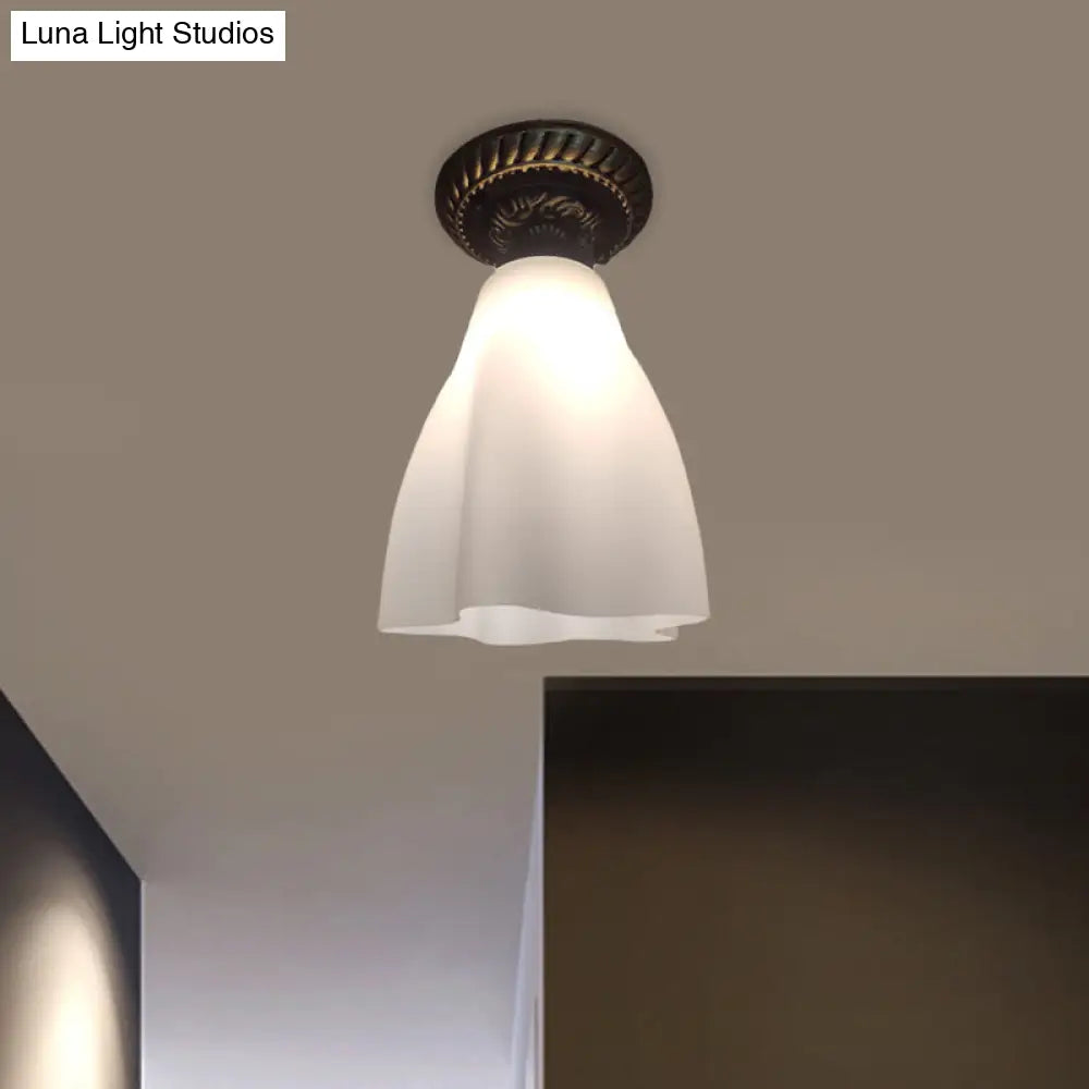 Black Flush Mount Lamp With Countryside White Glass Shade For Hallway Ceiling Lighting