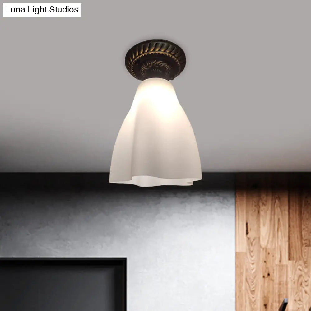 Black Flush Mount Lamp With Countryside White Glass Shade For Hallway Ceiling Lighting