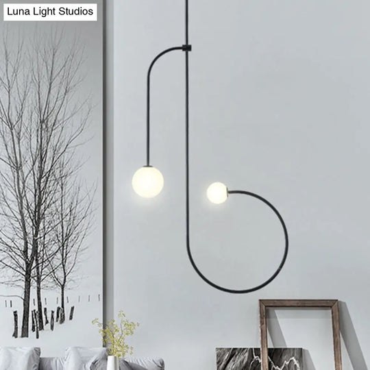 Opal Glass Modo Pendant Chandelier With Led - 2 Bulbs Curved Arm Frosted Black Finish