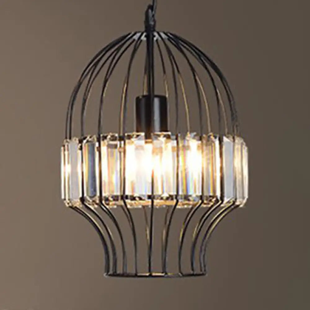 Black Geometric Metal Cage Pendant Light With Crystal Block / 11.5’