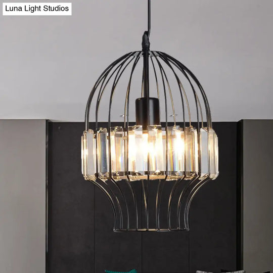 Black Metal Cage Crystal Block Pendant Ceiling Light With Geometric Design