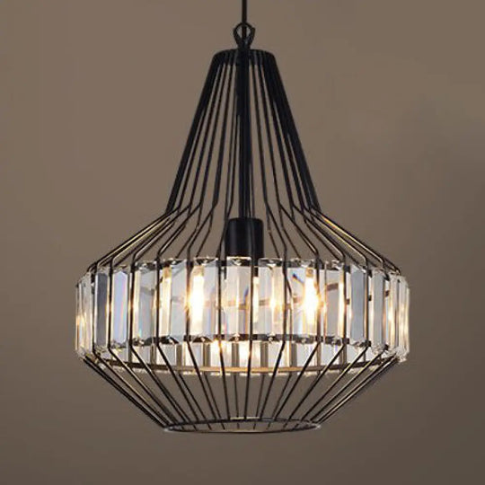 Black Geometric Metal Cage Pendant Light With Crystal Block / 14.5’