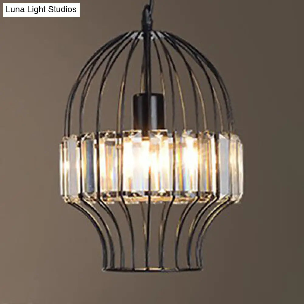 Black Metal Cage Crystal Block Pendant Ceiling Light With Geometric Design / 11.5