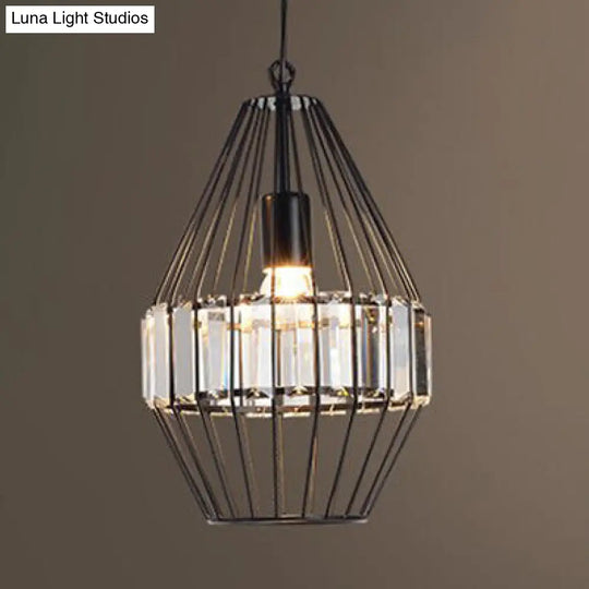 Black Metal Cage Crystal Block Pendant Ceiling Light With Geometric Design / 9