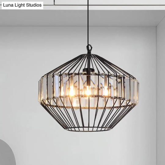 Black Metal Cage Crystal Block Pendant Ceiling Light With Geometric Design