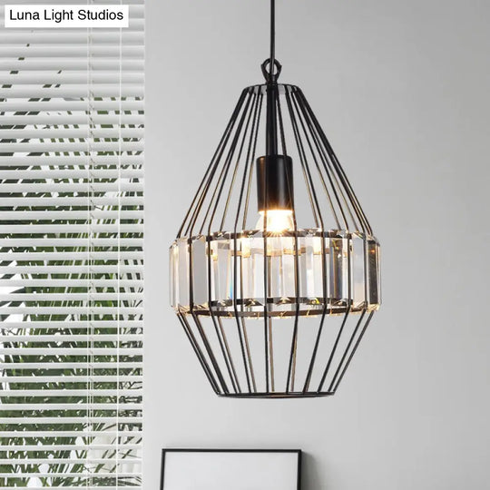 Black Geometric Metal Cage Pendant Light With Crystal Block