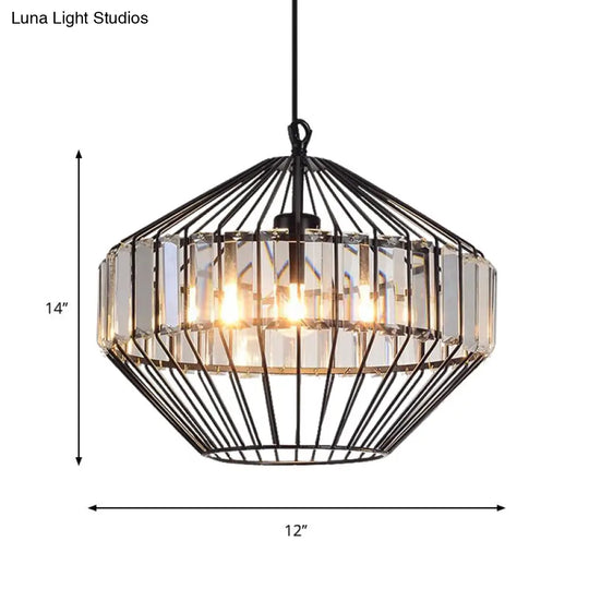 Black Metal Cage Crystal Block Pendant Ceiling Light With Geometric Design