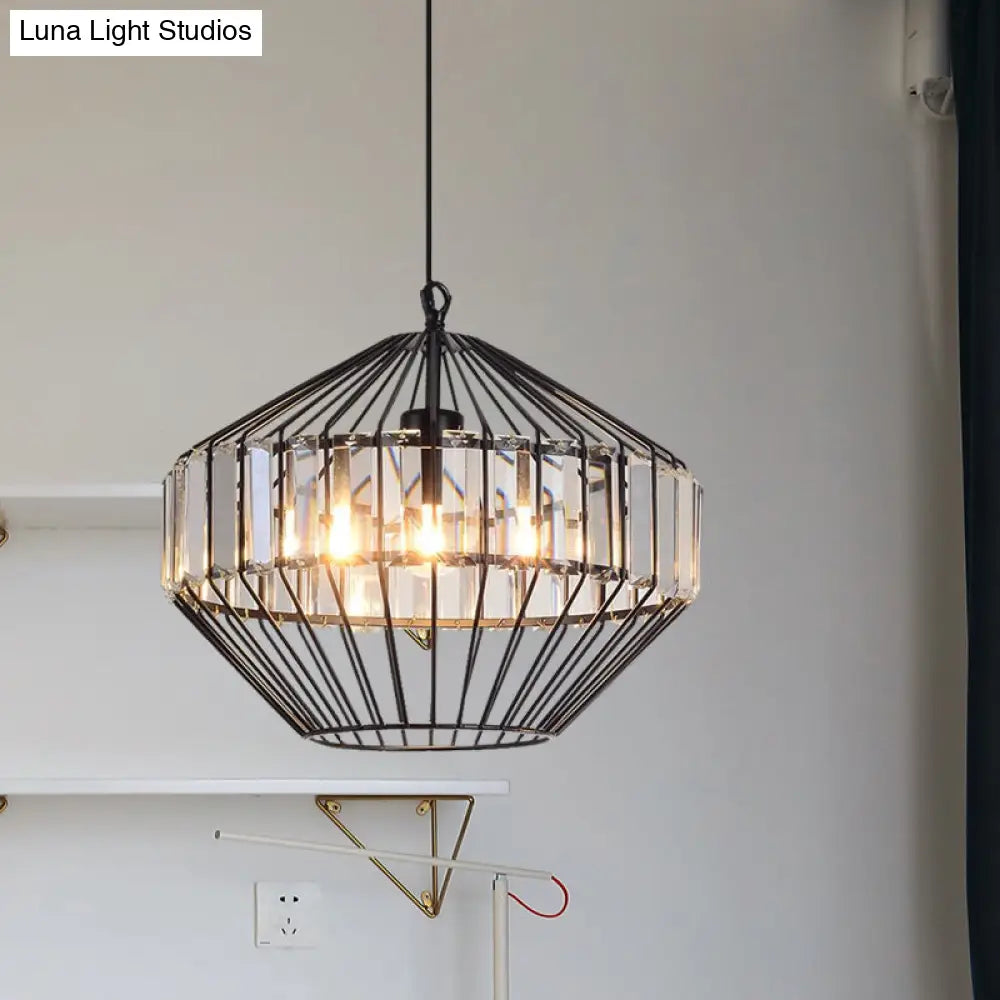 Black Geometric Metal Cage Pendant Light With Crystal Block