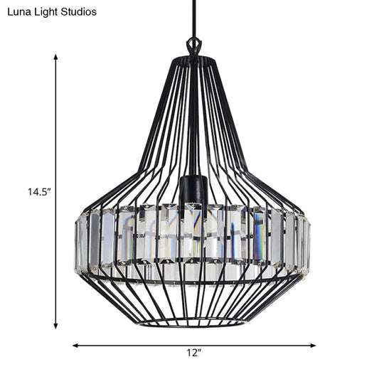 Black Geometric Metal Cage Pendant Light With Crystal Block