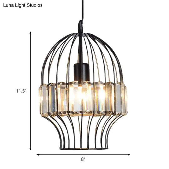 Black Geometric Metal Cage Pendant Light With Crystal Block