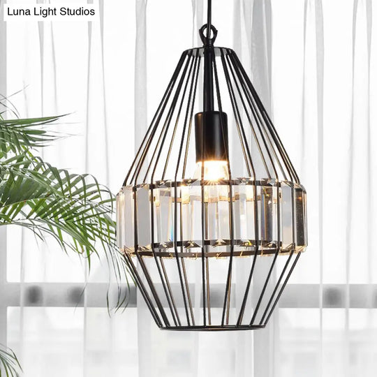 Black Geometric Metal Cage Pendant Light With Crystal Block