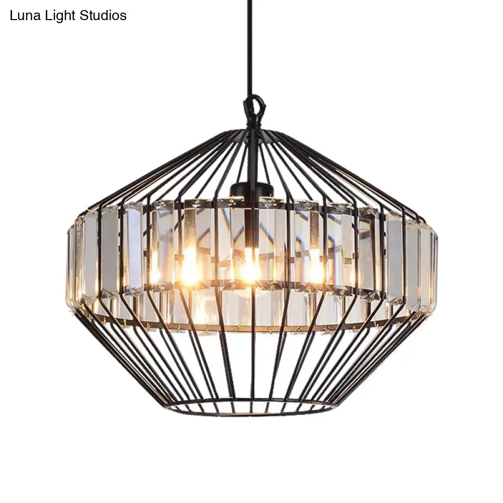 Black Metal Cage Crystal Block Pendant Ceiling Light With Geometric Design