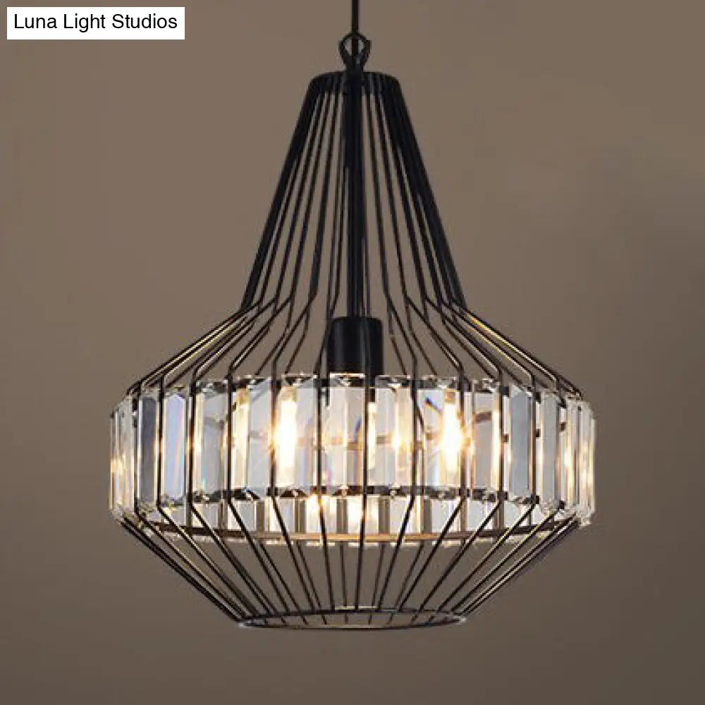 Black Metal Cage Crystal Block Pendant Ceiling Light With Geometric Design / 14.5