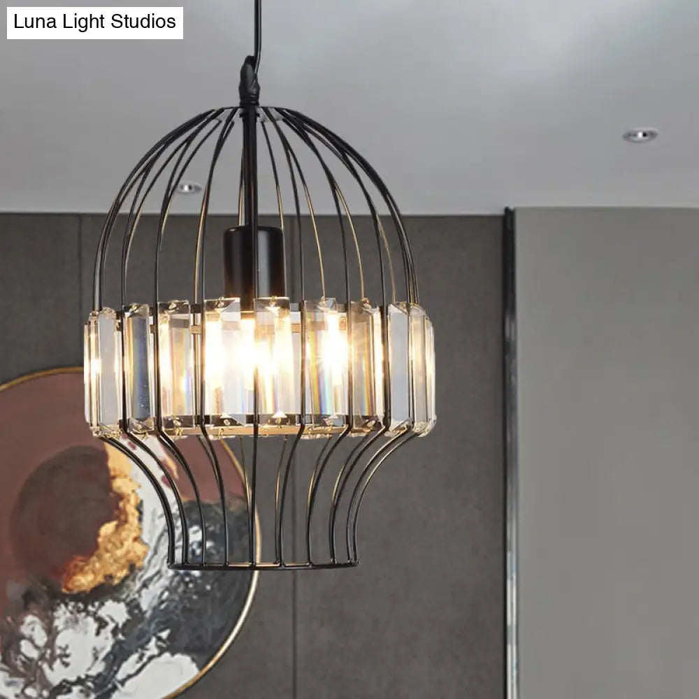 Black Geometric Metal Cage Pendant Light With Crystal Block