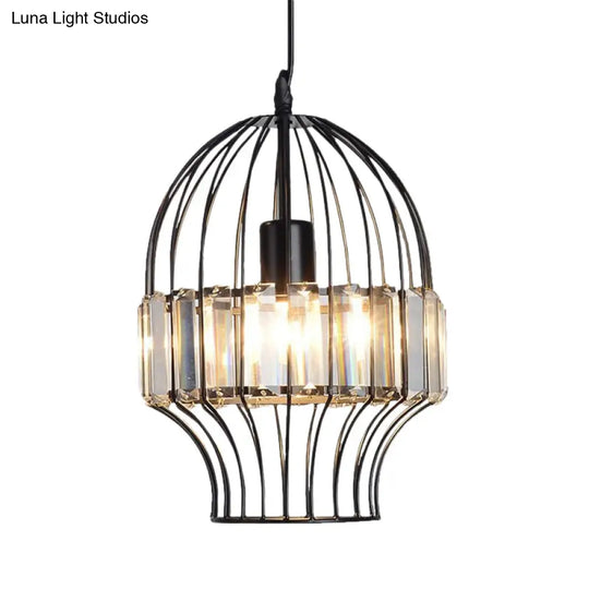 Black Metal Cage Crystal Block Pendant Ceiling Light With Geometric Design