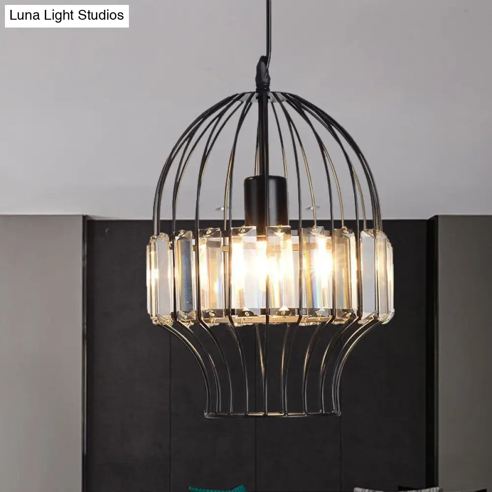 Black Geometric Metal Cage Pendant Light With Crystal Block