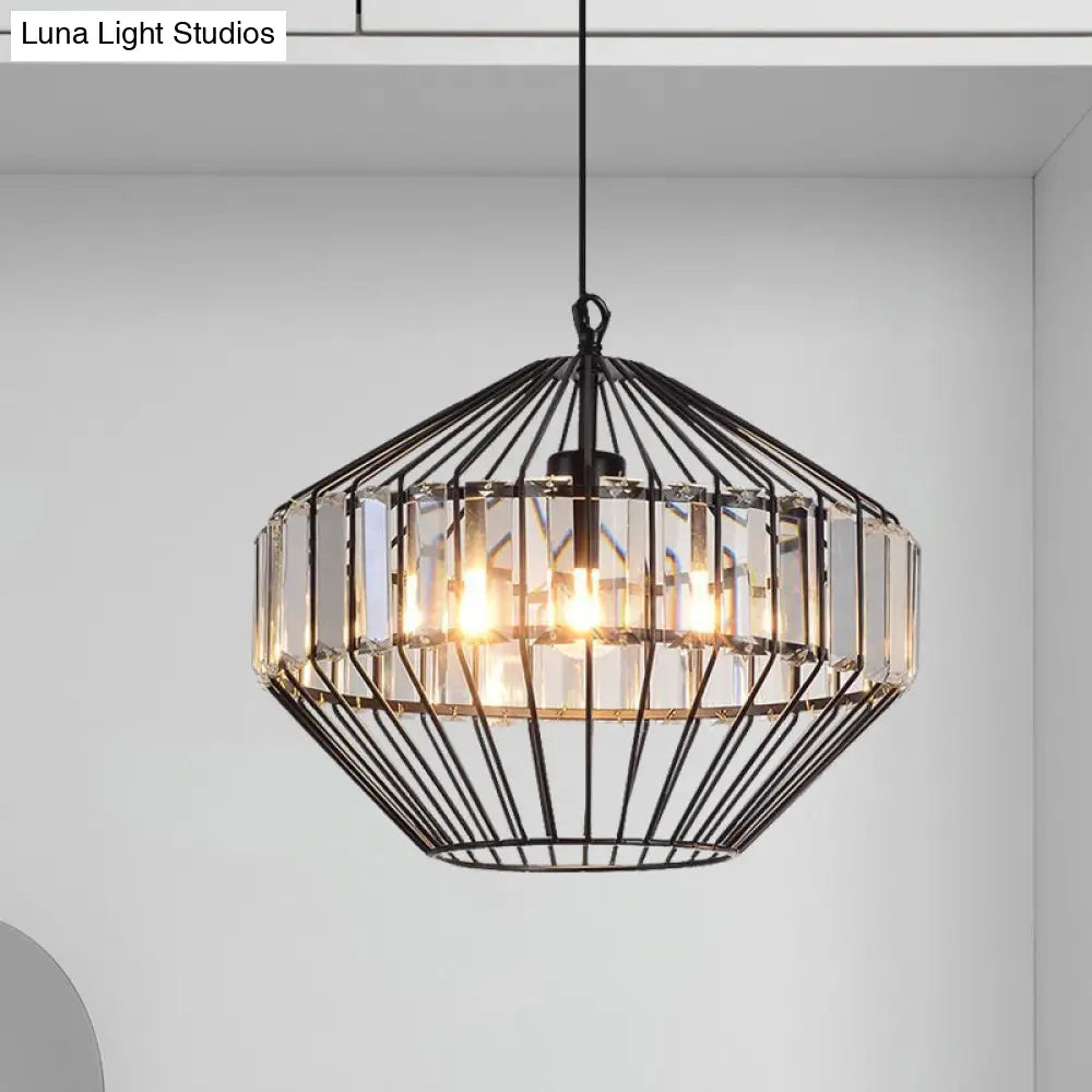 Black Geometric Metal Cage Pendant Light With Crystal Block