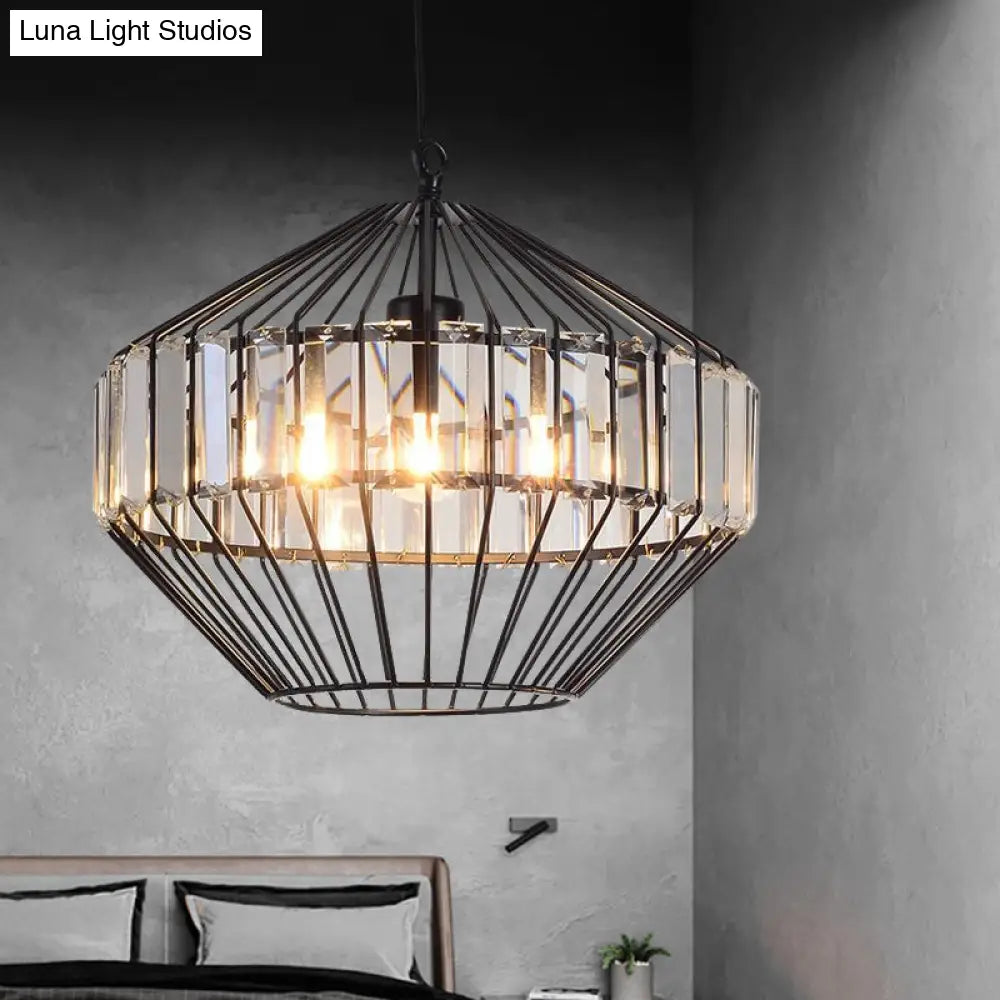 Black Geometric Metal Cage Pendant Light With Crystal Block