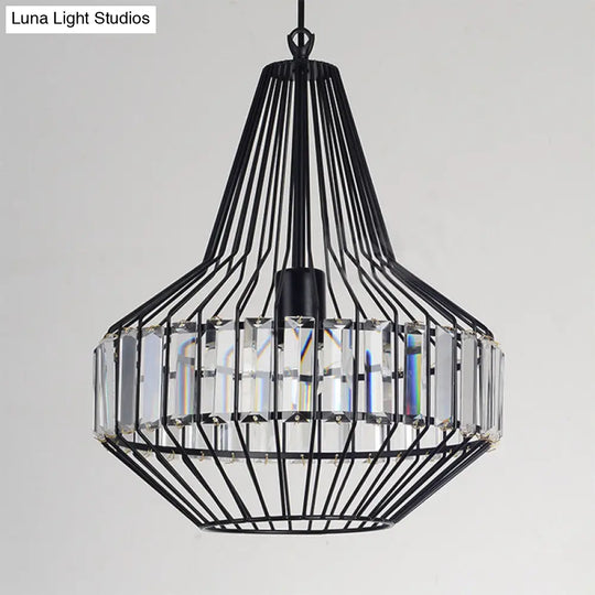 Black Geometric Metal Cage Pendant Light With Crystal Block