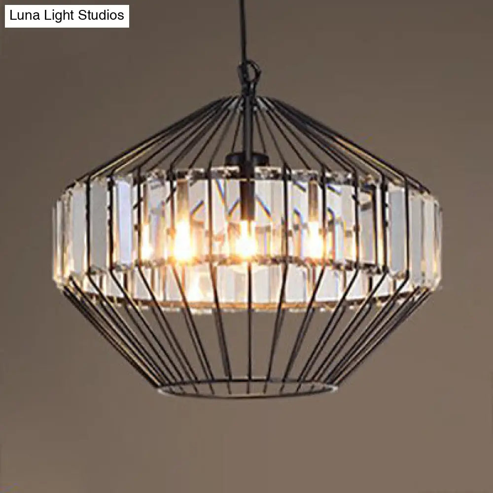 Black Metal Cage Crystal Block Pendant Ceiling Light With Geometric Design / 14