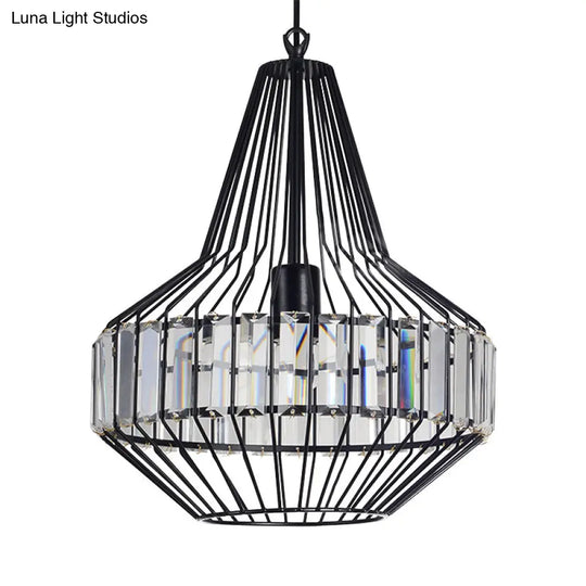 Black Metal Cage Crystal Block Pendant Ceiling Light With Geometric Design