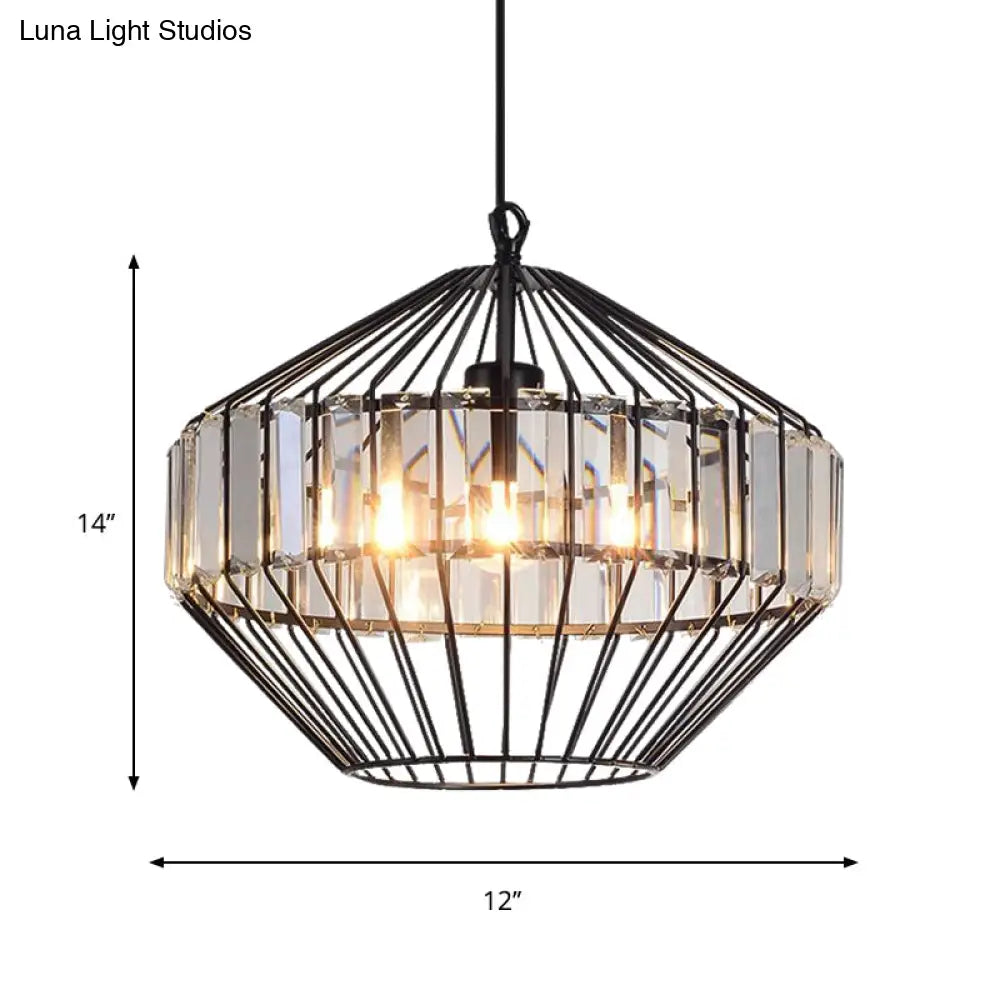 Black Geometric Metal Cage Pendant Light With Crystal Block