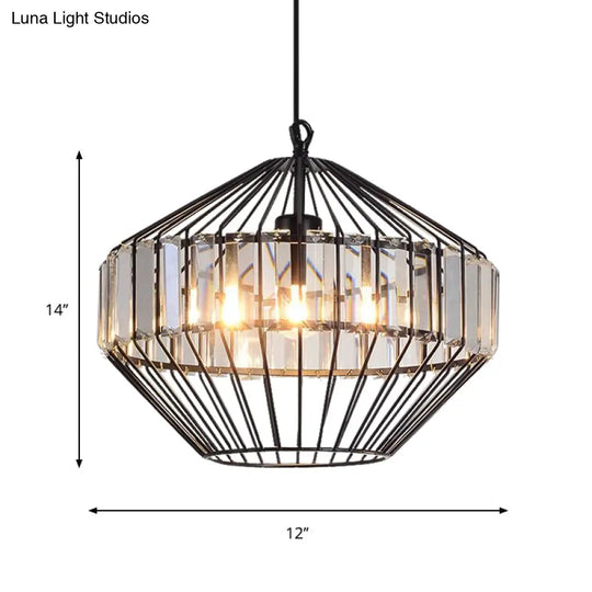 Black Geometric Metal Cage Pendant Light With Crystal Block