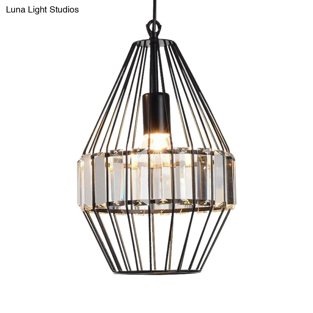 Black Metal Cage Crystal Block Pendant Ceiling Light With Geometric Design