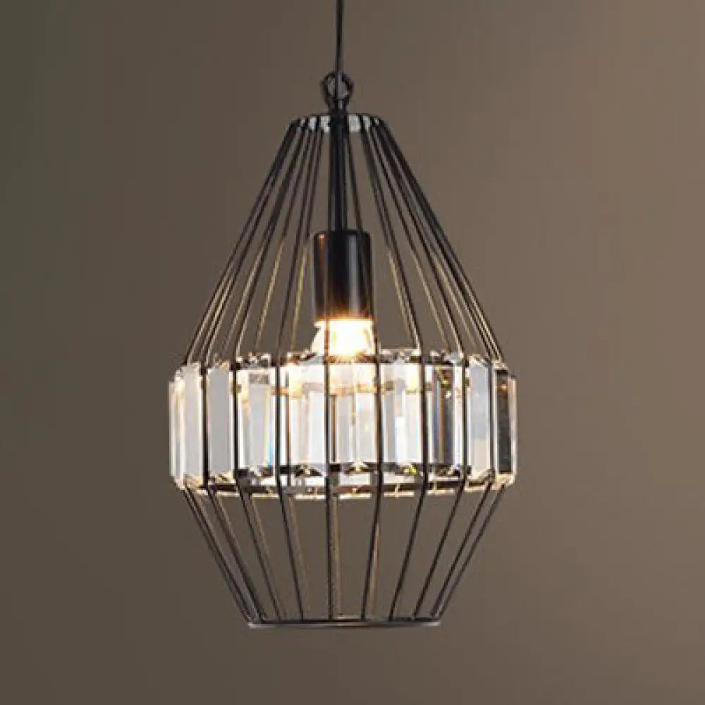 Black Geometric Metal Cage Pendant Light With Crystal Block / 9’