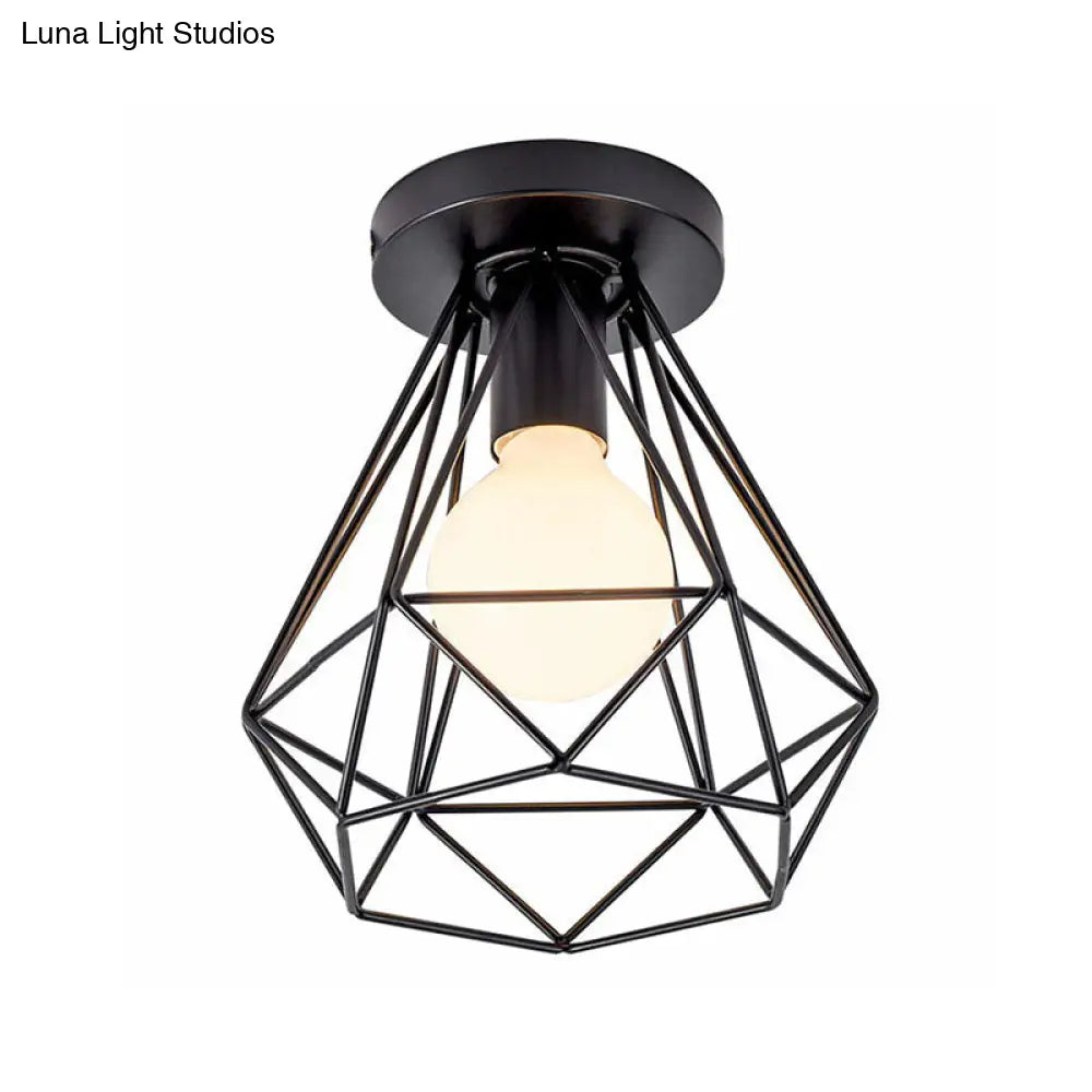 Black Geometric Semi-Flush Mount Ceiling Light With Metallic Antique Finish And Single Bulb For