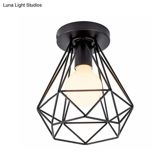 Black Geometric Semi-Flush Mount Ceiling Light With Metallic Antique Finish And Single Bulb For