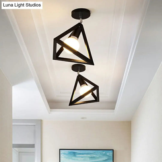 Black Geometric Semi - Flush Mount Ceiling Light With Metallic Antique Finish And Single Bulb For