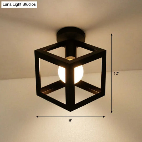 Black Geometric Semi-Flush Mount Ceiling Light With Metallic Antique Finish And Single Bulb For