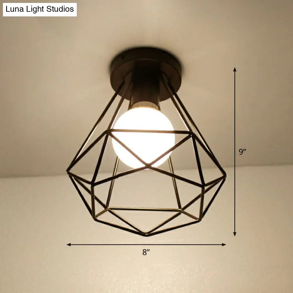 Black Geometric Semi-Flush Mount Ceiling Light With Metallic Antique Finish And Single Bulb For