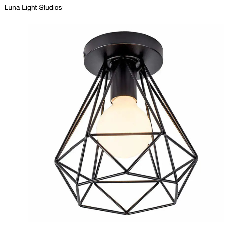 Black Geometric Semi - Flush Mount Ceiling Light With Metallic Antique Finish And Single Bulb For