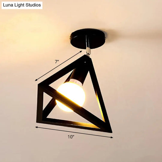 Black Geometric Semi-Flush Mount Ceiling Light With Metallic Antique Finish And Single Bulb For
