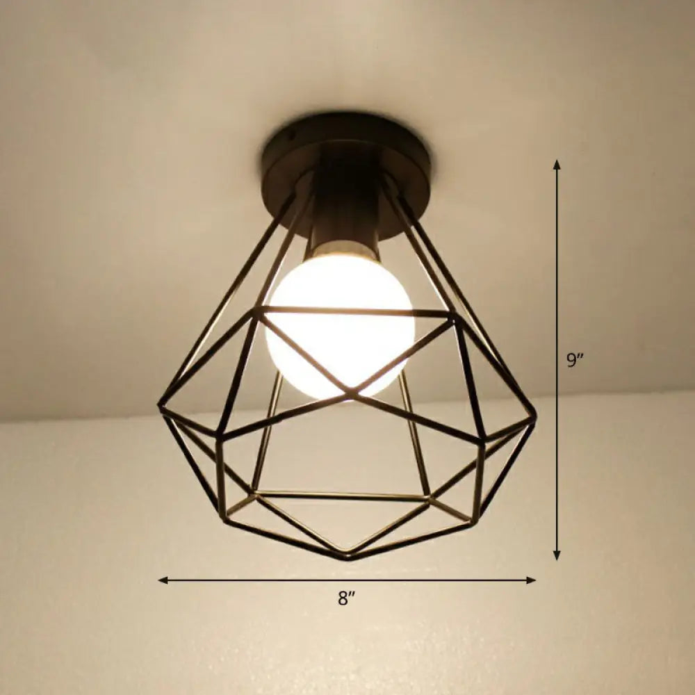 Black Geometric Semi - Flush Mount Ceiling Light With Metallic Antique Finish And Single Bulb For