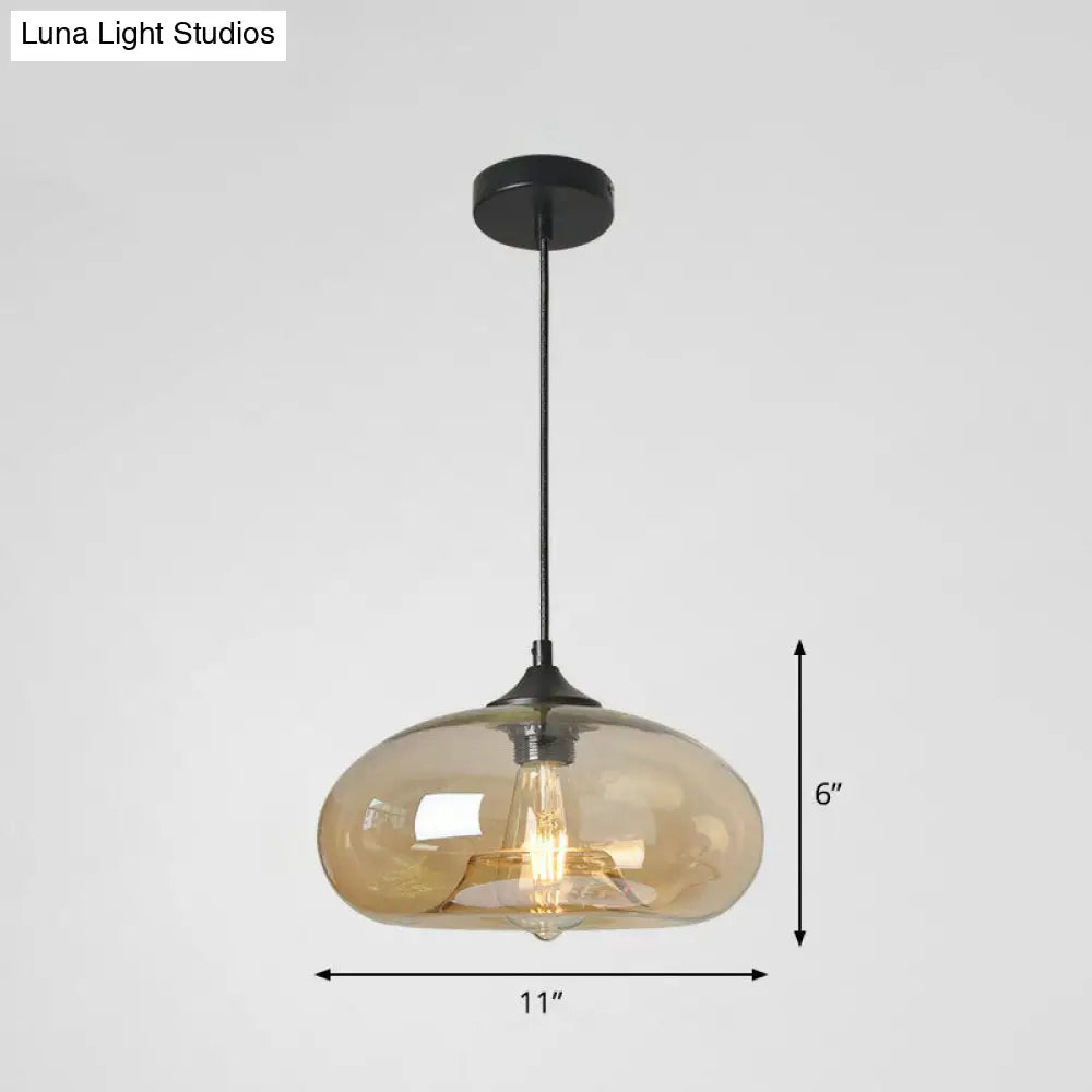 Black Glass 1-Head Modern Ellipse Pendant Light For Dining Tables Amber