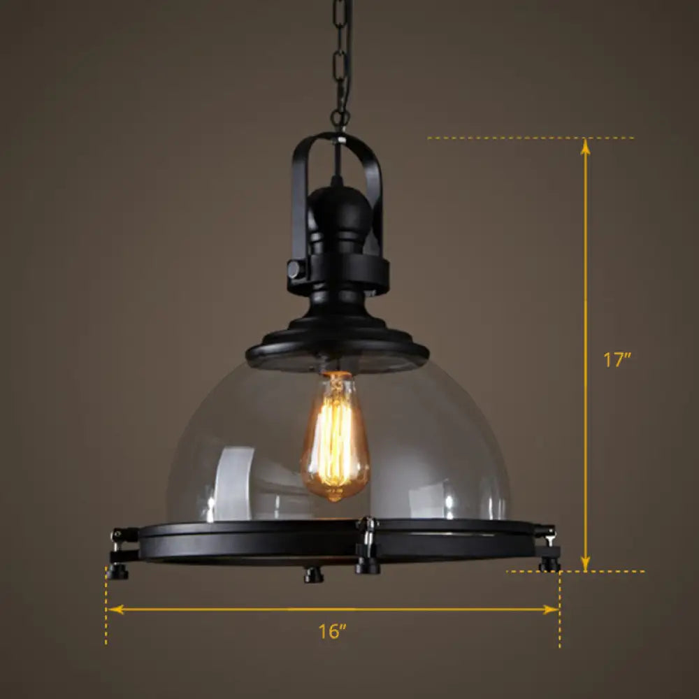 Black Glass Hanging Light With Thick Dome Design - Stylish 1’ Bulb Restaurant Pendant Fixture